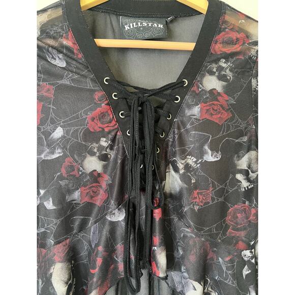 Killstar Mesh Black Skull Rose Print Bell Sleeve Top Size Medium - Picture 2 of 5